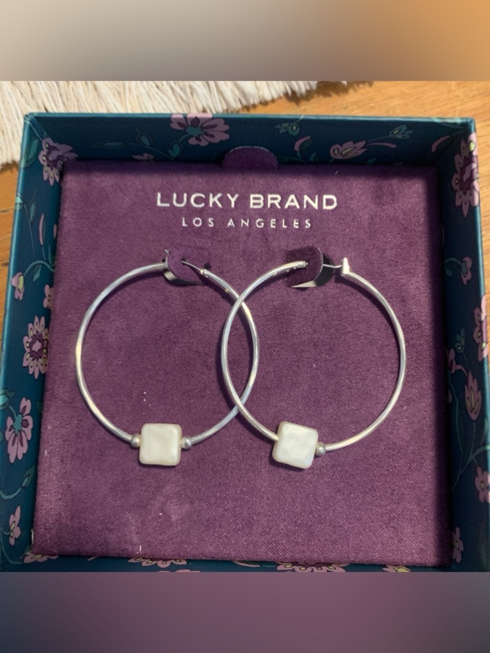 Lucky Brand Silver Hoop Earrings with White Square Beads